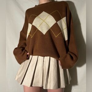 Oversized Brown Argyle Crewneck Sweater